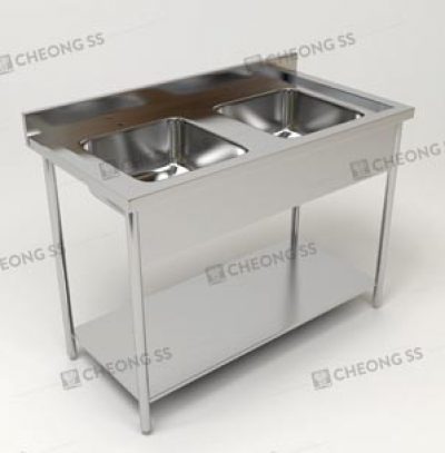 DOUBLE BOWL SINK TABLE W BOTTOM SHELF AND ROUND TUBE LEGS