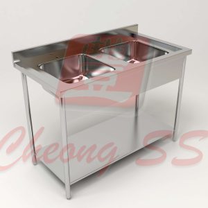 Stainless Steel Double Bowl Sink Table W Bottom Shelf And Round Tube Legs