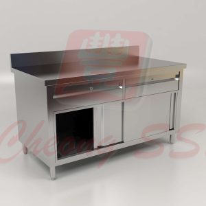 Stainless Steel Sliding Door Storage Cabinet W Drawers And Backsplash 01