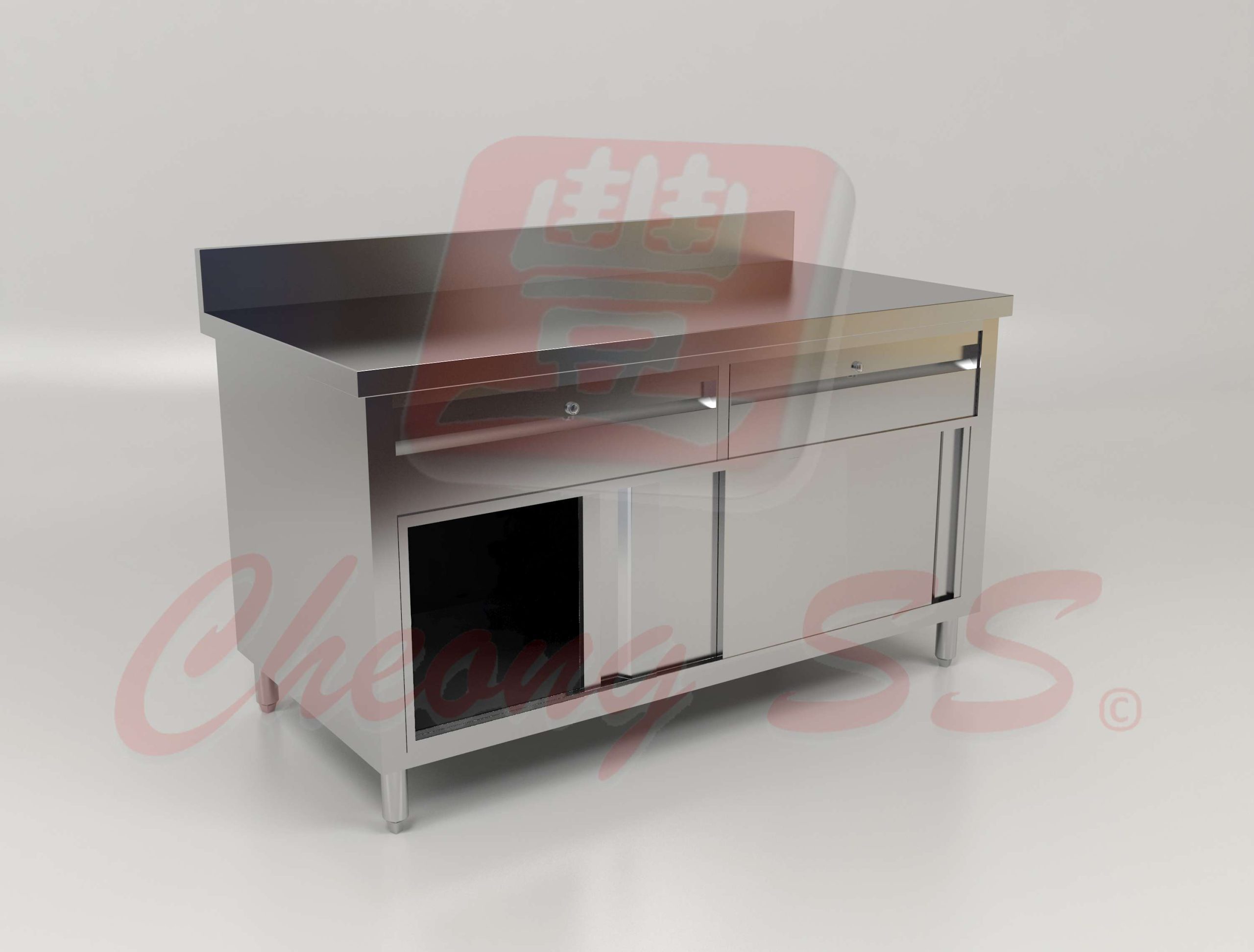 Stainless Steel Sliding Door Storage Cabinet W Drawers And Backsplash 01