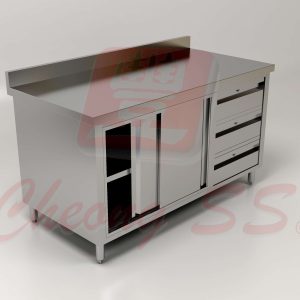 Stainless Steel Sliding Door Storage Cabinet W Drawers And Backsplash 02
