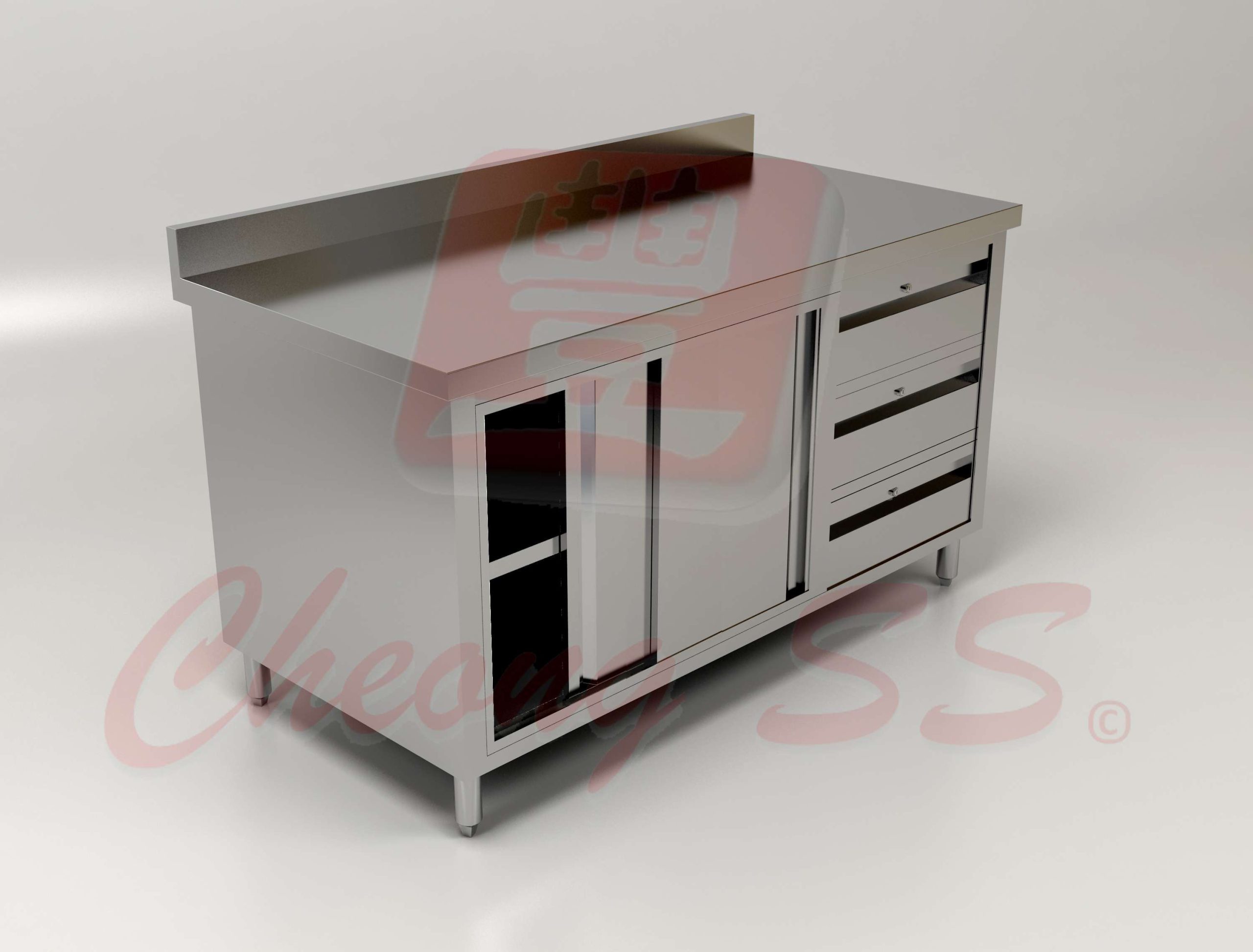 Stainless Steel Sliding Door Storage Cabinet W Drawers And Backsplash 02