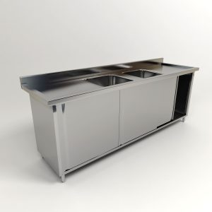 Stainless Steel Double Bowl Sink Sliding Door Cabinet (Design 2)
